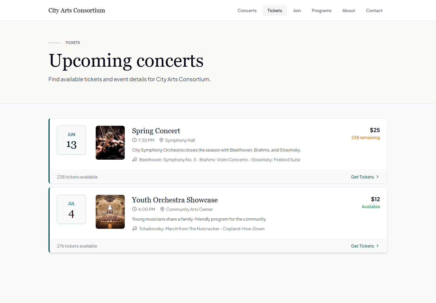 Public ticket page generated from EnsembleBase showing upcoming concerts and ticket availability.